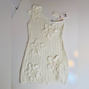 NEW WITH TAGS! One Shouldered, Cream Crochet Flower Knit Tank Dress